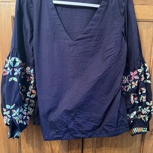 Anthropologie Navy Blouse with Floral Embroidery